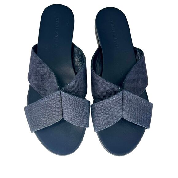 Jenni Kayne Shoes 7 Navy Linen Crossover Slide On Flat Sandals Women's - Picture 1 of 8